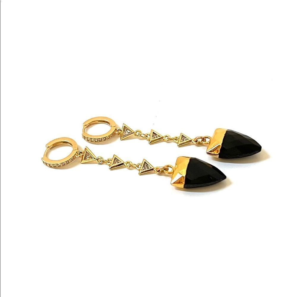 New womens gold huggie hoop earrings with black onyx long dangle chain earrings
